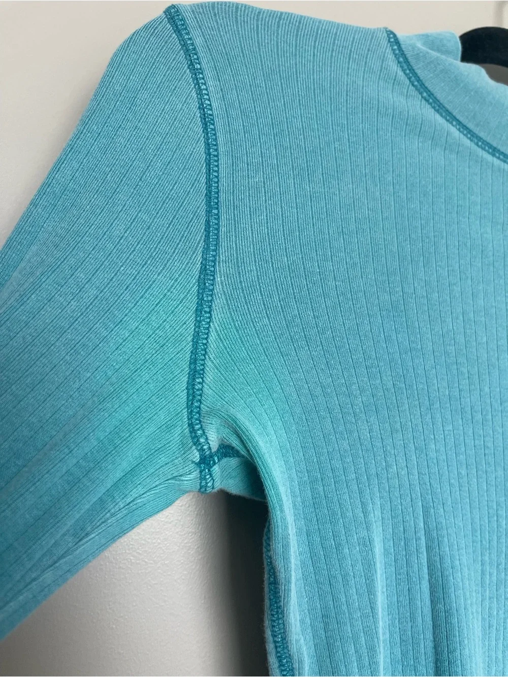 Free People Teal Ribbed Mock Neck Long Sleeve Top